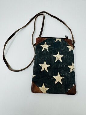 Mona B Star Print Canvas Crossbody Bag with Leather Strap